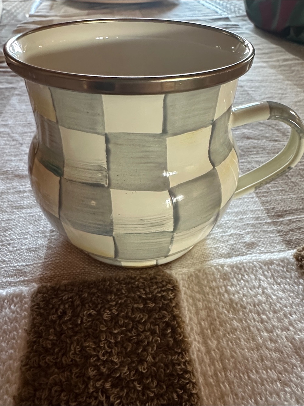 Mackenzie-Childs enamel Stering Checkered Accent Mug in Cream and Gray NWOT